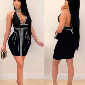 Black Sleeveless Bodycon Mini Dress with Plunge Neckline